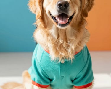 Un golden retriever feliz con una elegante camiseta para perros de color turquesa.