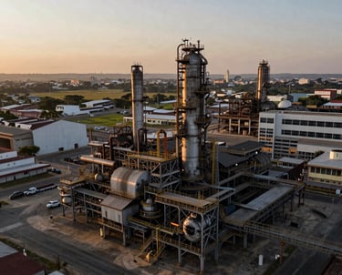 A cinematic aerial view of an industrial complex in Brazil during sunset, highlighting the textures and scale of the site. Muted colors and long shadows.