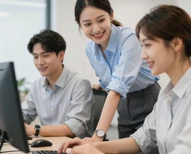 A vibrant workspace with people collaborating over IPTV reseller strategies on laptops and tablets.