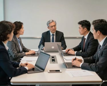 A group of professionals in business attire sitting around a modern conference table with laptops, Academic / Professional Global context.