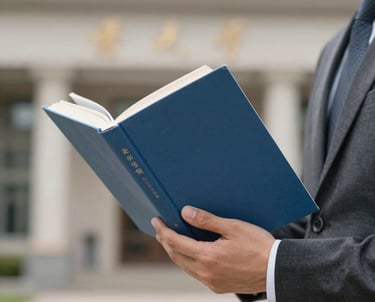 A clean shot of a book being held by a person in a professional suit, set against an out-of-focus academic background.