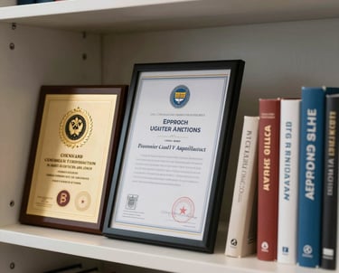 An organized office shelf with academic awards, professional certifications, and published books.