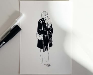 Imagen de una chica con ropa de invierno hecha en tinta y con estilo monocromo