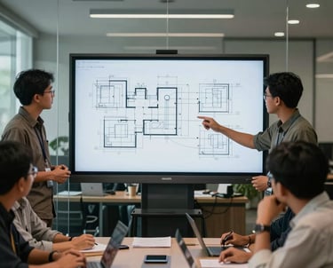 A group of Southeast Asian / Indonesian Students in a meeting room with glass walls, discussing technical drawings on a large screen, collaborative professional atmosphere.