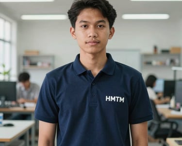 Portrait of a confident young Southeast Asian / Indonesian Student wearing a dark blue HMTM polo shirt, standing in a bright modern workshop area, professional lighting.