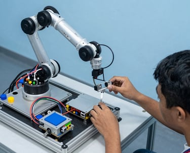 A top-down view of a robotics workstation with wires, sensors, and a small robotic arm being programmed by a Southeast Asian / Indonesian Student, sky blue lighting.