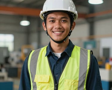 Portrait of a Southeast Asian / Indonesian Student wearing a safety vest and hard hat, smiling confidently in a modern manufacturing facility, warm industrial lighting.