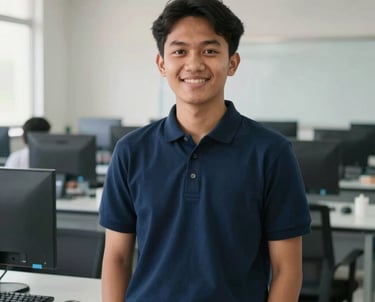Portrait of a Southeast Asian / Indonesian Student in a navy blue polo shirt standing in front of a modern computer lab, smiling confidently, bright natural light.