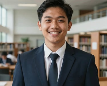 Portrait of a Southeast Asian / Indonesian Student in a formal blazer, smiling warmly against a blurred background of a modern university library, professional photography.