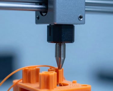 A close-up of a 3D printer nozzle extruding bright orange filament, forming a complex mechanical part, blue light backdrop, professional macro photography.