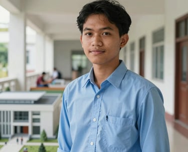 Portrait of a Southeast Asian / Indonesian Student in a professional sky blue shirt, standing in front of an architectural model, bright university hallway background.