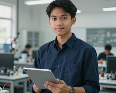 Portrait of a Southeast Asian / Indonesian Student in a professional dark blue shirt, holding a digital tablet, standing in a brightly lit engineering studio.