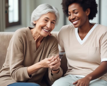 A warm caregiver gently holding an elderly client's hand in a cozy living room setting.