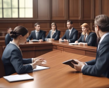 A professional lawyer consulting with a client in a warm, modern office.