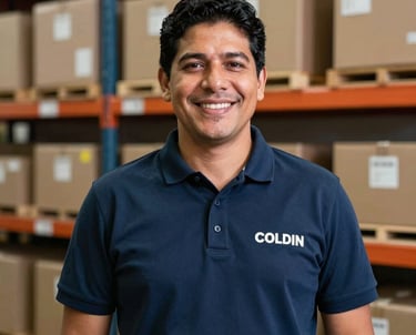 Portrait of a professional man in a South American / Latin American logistical center, wearing a professional polo shirt, standing in front of organized shelves with a friendly expression, navy blue accents.