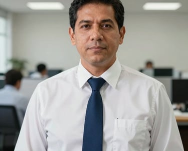 Portrait of a professional man in a South American / Latin American office environment, wearing a white shirt with a navy blue tie, representing leadership and reliability in the pharma sector.