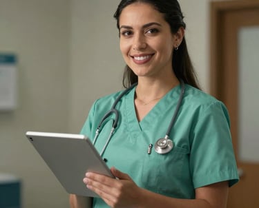 Portrait of a professional woman in a South American / Latin American healthcare setting, wearing a clean sage green medical uniform, holding a tablet and smiling professionally.