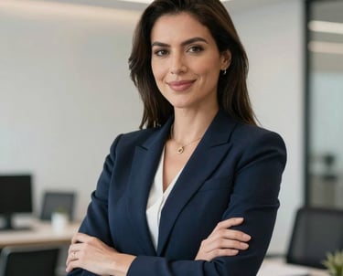 Portrait of a professional woman in a modern South American / Latin American office, wearing a dark navy blue blazer, looking confident and smiling with a clean medical setting in the background.
