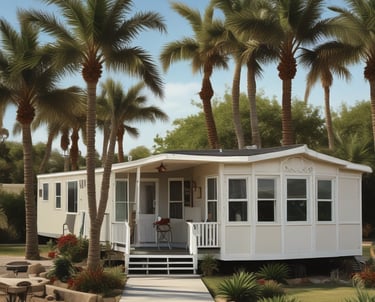 A friendly agent showing a mobile home to a happy couple on a sunny day.