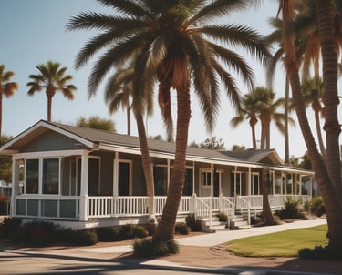 A friendly agent showing a mobile home to a happy couple on a sunny day.