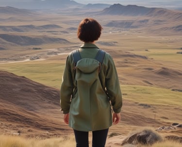 a symbol of wholeness and peace - a person from behind looking out onto a vast landscape