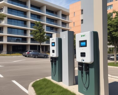 Electric vehicle charging station installed in a modern condominium parking lot in Brasília.