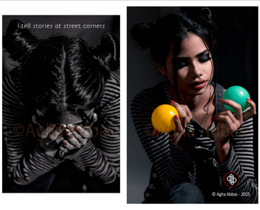 Diptych of a girl with balloons while the other half had head down, holding her face in sorrow.