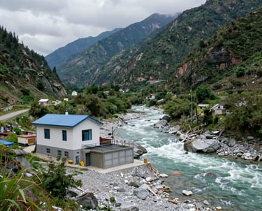 Hydroelectric turbine generating clean energy surrounded by lush greenery.