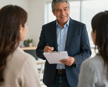 A warm, inviting office space with real estate brochures and a friendly agent engaging with clients.