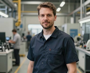 Portrait of a male manufacturing lead in a modern German production facility. He is wearing professional attire, exuding expertise and precision. Central European setting, clean lighting.