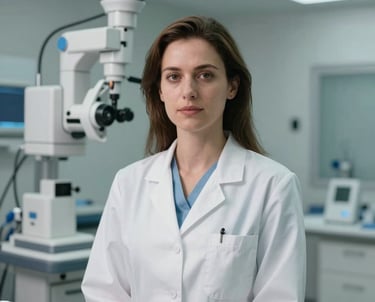Portrait of a female clinical advisor in a modern medical setting, looking professional and approachable. Central European context, background with high-end clinical equipment.