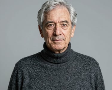 Portrait of a senior German engineer with grey hair, wearing a high-quality charcoal sweater, symbolizing decades of experience and trust in technology. Clean, minimalist studio lighting.
