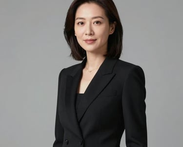Portrait of a sophisticated female executive in a minimalist black outfit, representing the leadership of a luxury German beauty tech company. Soft, diffused lighting, grey background.