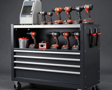 A well-organized industrial tool rack featuring high-end professional power tools and machinery supplies. Clean engineering presentation with dark slate and cool gray backdrop, sharp photography.