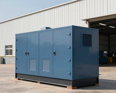 A modern soundproof power generator unit positioned neatly beside a commercial warehouse in a South American industrial park. Slate blue metal casing, clean architectural surroundings under clear daylight.