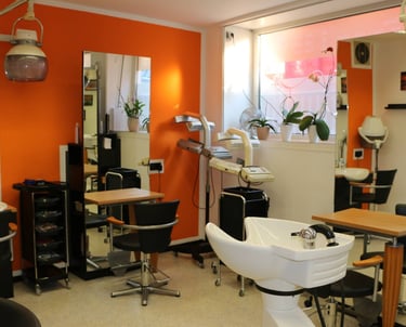 Professional hair salon interior with orange walls, styling chairs, and white shampoo basins.