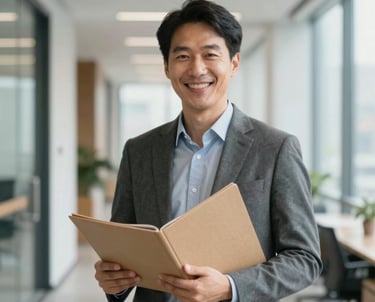 A portrait of a cheerful, professional project manager holding a folder, standing in a light-filled office corridor. Global / Western.