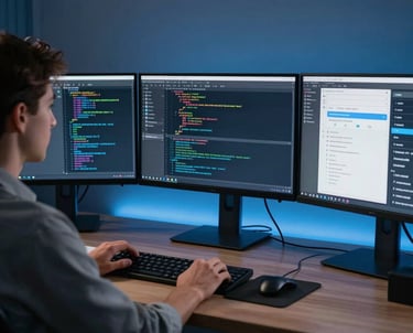 A lifestyle photograph of a professional developer working with three monitors in a dimly lit room with blue ambient lighting. The screens show complex code and app layouts. Global / Western.