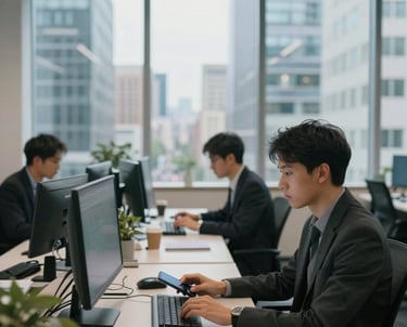 A photograph of a modern tech office with large windows overlooking a city, with employees working on computers and mobile devices. Global / Western.