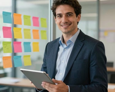 A portrait of a project manager with a digital tablet, standing in front of a glass wall with colorful sticky notes. Global / Western.