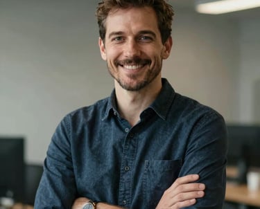 A portrait of an experienced lead developer in a casual professional setting, looking at the camera with a confident smile. Global / Western attire.