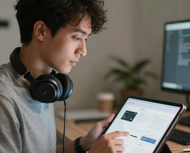 A portrait of a UX designer with headphones around her neck, looking at a digital tablet showing app wireframes. Global / Western.