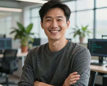 A professional portrait of a software engineer smiling in a brightly lit, modern office with soft daylight and green plants in the background. Global / Western.