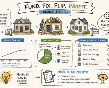 Infographic showing the real estate house flipping process from funding and rehab to profit.