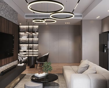 Modern open-plan living room featuring circular LED chandeliers and luxury minimalist furniture.