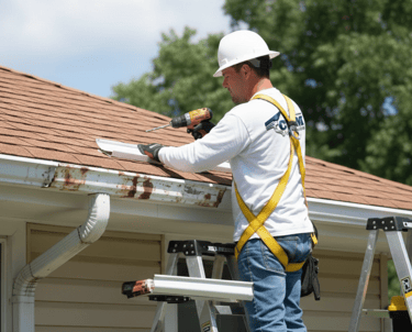 Gutter repair service fixing damaged gutters on residential home in Durham NC