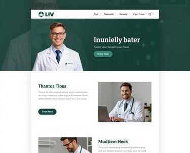 A professional doctor reviewing a website design on a laptop in a bright office.