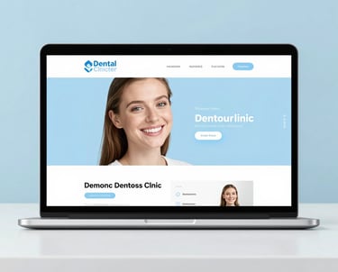 A dentist smiling while showing a clean, modern dental clinic website on a tablet.