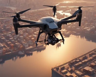 A compact drone equipped with sensors flying over a test field with technicians monitoring from the ground.