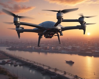 Close-up of a drone antenna system with signal waves illustrated against a backdrop of a radar screen.